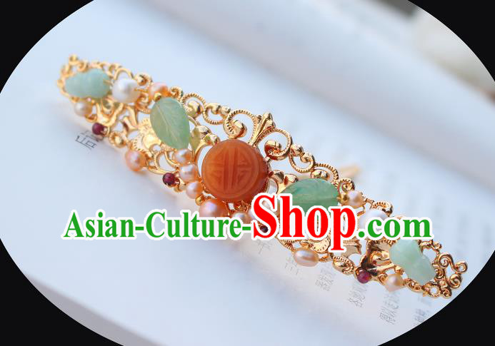 China Ancient Palace Lady Golden Hairpin Traditional Ming Dynasty Princess Agate Pearls Hair Crown