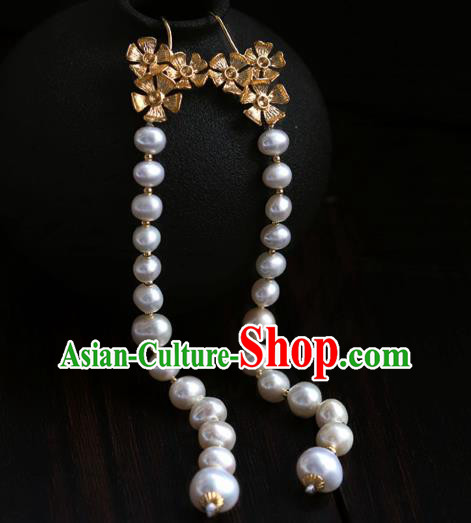 Chinese Traditional Song Dynasty Court Woman Earrings Ancient Imperial Concubine Pearls Tassel Ear Jewelry