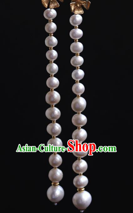 Chinese Traditional Song Dynasty Court Woman Earrings Ancient Imperial Concubine Pearls Tassel Ear Jewelry
