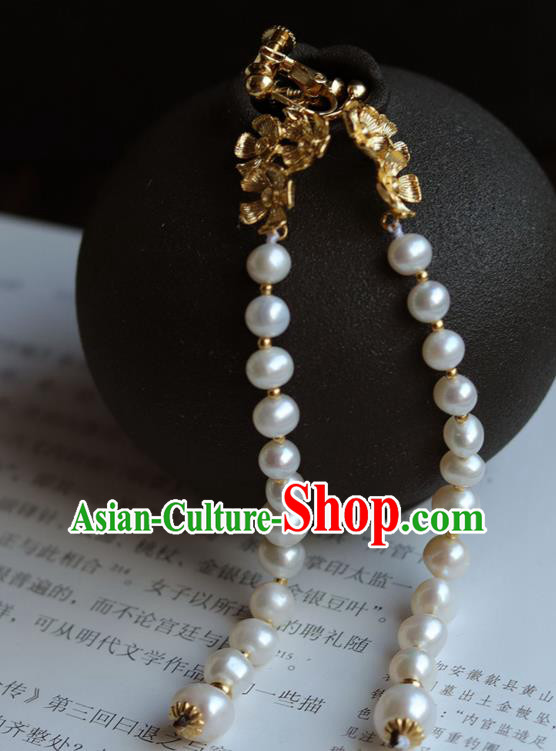 Chinese Traditional Song Dynasty Court Woman Earrings Ancient Imperial Concubine Pearls Tassel Ear Jewelry