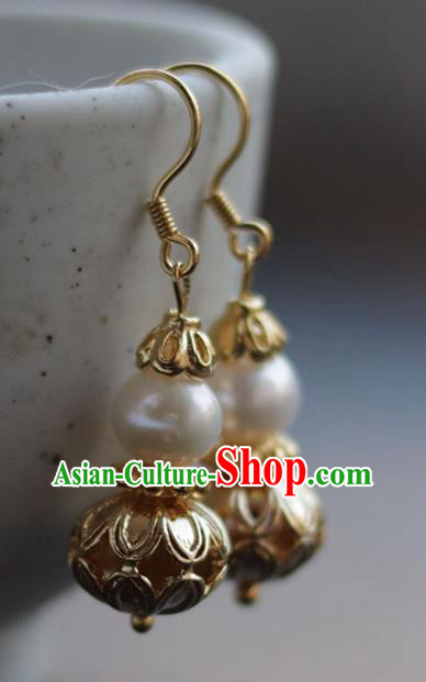 Chinese Traditional Ming Dynasty Court Empress Earrings Ancient Queen Golden Gourd Ear Jewelry