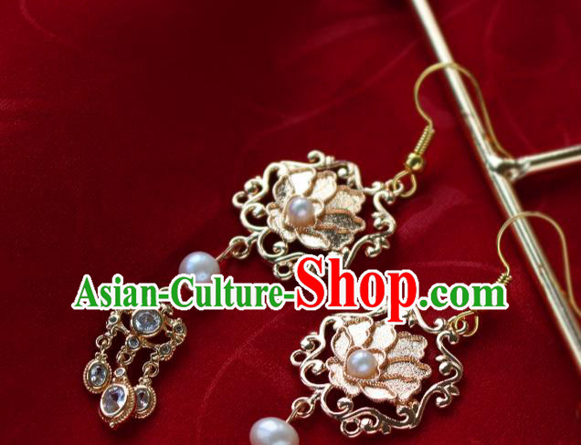 Chinese Traditional Qing Dynasty Queen Golden Earrings Ancient Empress Crystal Tassel Ear Jewelry