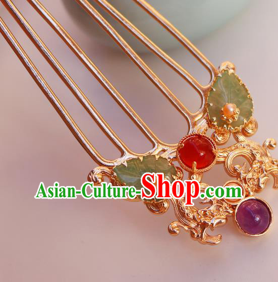 China Ancient Princess Jade Leaf Hairpin Traditional Tang Dynasty Golden Hair Comb
