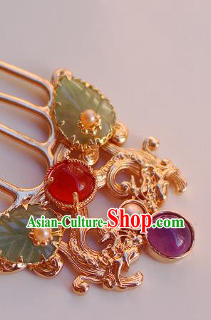 China Ancient Princess Jade Leaf Hairpin Traditional Tang Dynasty Golden Hair Comb