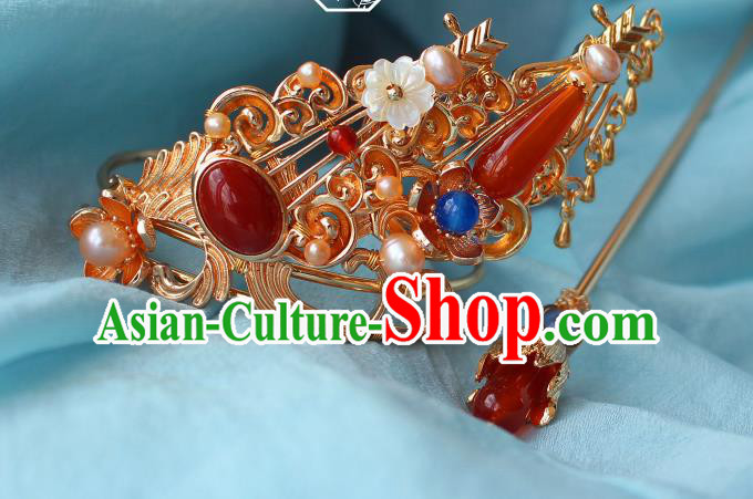 China Ancient Court Lady Hair Accessories Traditional Tang Dynasty Princess Golden Agate Hair Crown and Hairpin