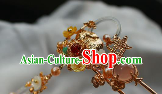 China Ancient Court Lady Golden Hair Stick Traditional Ming Dynasty Princess Pearls Tassel Hairpin