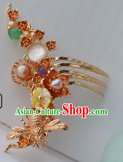 China Ancient Palace Lady Golden Bee Hairpin Traditional Ming Dynasty Princess Shell Plum Hair Comb