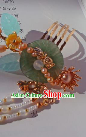 China Ancient Princess Jade Lotus Leaf Hairpin Traditional Song Dynasty Palace Lady Beads Tassel Hair Comb