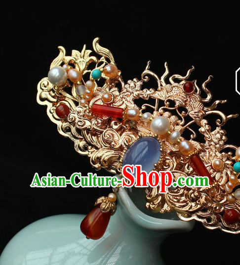 China Ancient Court Lady Agate Tassel Hairpin Traditional Ming Dynasty Imperial Concubine Golden Hair Crown