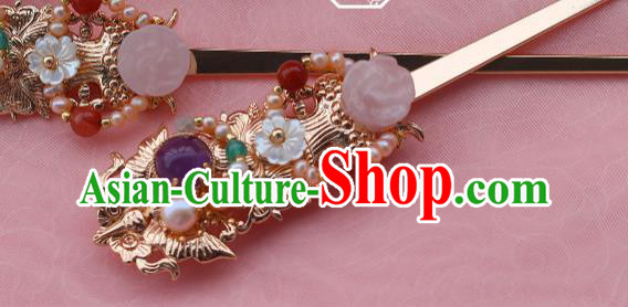 China Ancient Court Princess Golden Hairpin Traditional Ming Dynasty Palace Lady Pearls Hair Stick