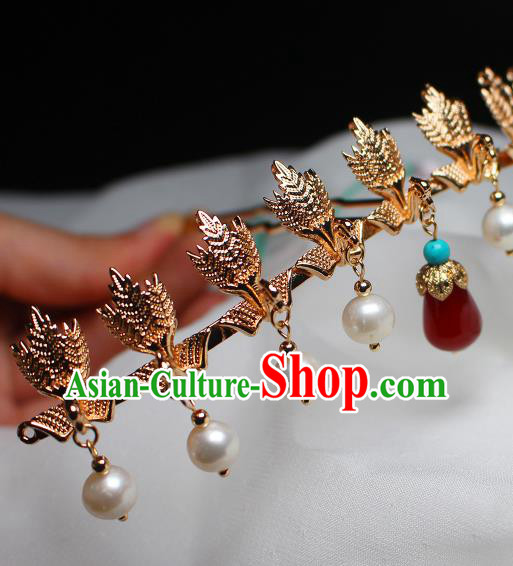 China Ancient Royal Empress Pearls Tassel Hairpin Traditional Ming Dynasty Noble Woman Golden Phoenix Hair Crown