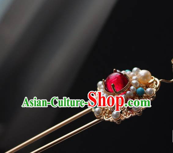 China Ancient Empress Golden Peony Hairpin Traditional Ming Dynasty Noble Woman Pearls Hair Stick