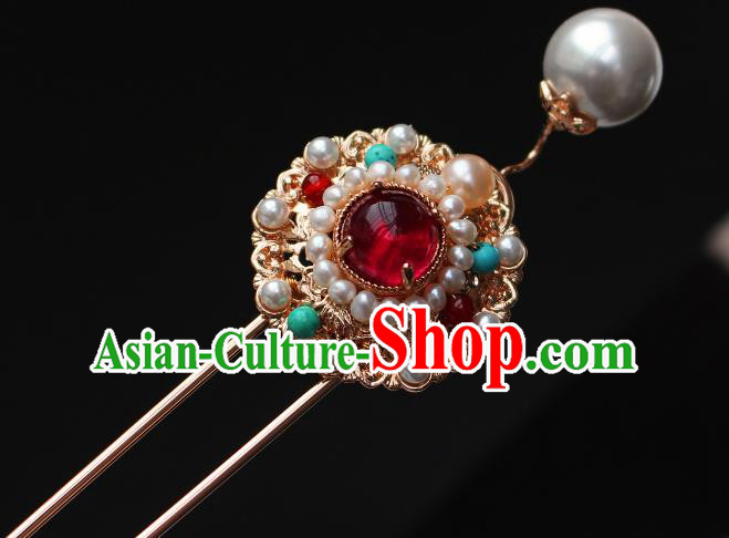 China Ancient Empress Golden Peony Hairpin Traditional Ming Dynasty Noble Woman Pearls Hair Stick