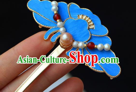 China Ancient Empress Pearls Hairpin Traditional Ming Dynasty Noble Woman Blue Peony Hair Stick