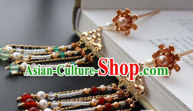 China Ancient Princess Golden Chrysanthemum Hairpin Traditional Ming Dynasty Court Lady Beads Tassel Hair Stick