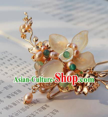 China Ancient Young Beauty Shell Hairpin Traditional Ming Dynasty Court Lady Pearls Hair Stick