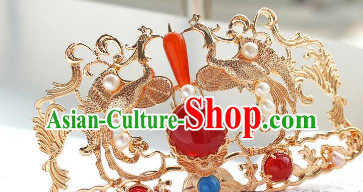 China Ancient Court Empress Hairpin Traditional Tang Dynasty Wedding Golden Phoenix Hair Crown