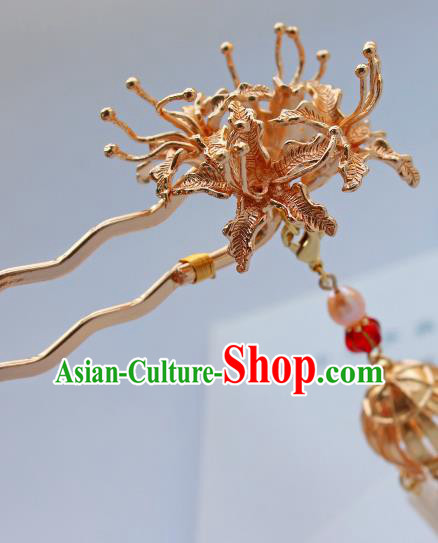 China Ancient Princess Golden Manjusaka Hairpin Traditional Tang Dynasty Wedding Pearls Tassel Hair Stick