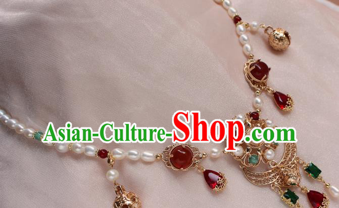 China Ancient Palace Lady Pearls Hair Jewelry Traditional Tang Dynasty Princess Agate Eyebrows Pendant