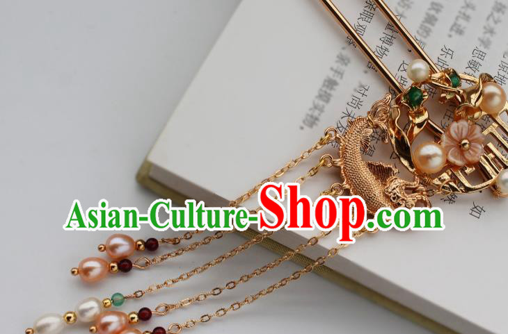 China Ancient Princess Goldfish Hairpin Traditional Ming Dynasty Court Woman Pearls Tassel Hair Stick