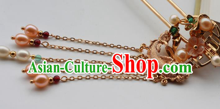 China Ancient Princess Goldfish Hairpin Traditional Ming Dynasty Court Woman Pearls Tassel Hair Stick