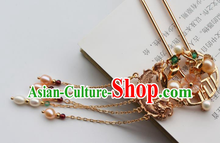 China Ancient Princess Goldfish Hairpin Traditional Ming Dynasty Court Woman Pearls Tassel Hair Stick