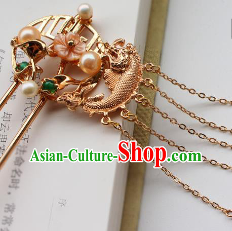 China Ancient Princess Goldfish Hairpin Traditional Ming Dynasty Court Woman Pearls Tassel Hair Stick