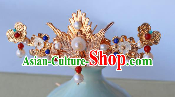 China Ancient Court Woman Golden Phoenix Hairpin Traditional Ming Dynasty Empress Pearls Hair Crown