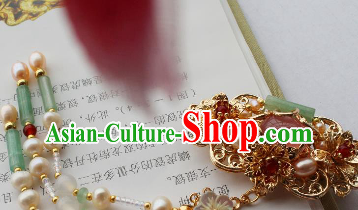 China Ancient Palace Lady Hairpin Traditional Ming Dynasty Princess Pearls Jade Tassel Hair Claw