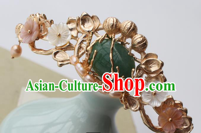 China Ancient Noble Woman Golden Hairpin Traditional Ming Dynasty Princess Pearls Jade Hair Crown