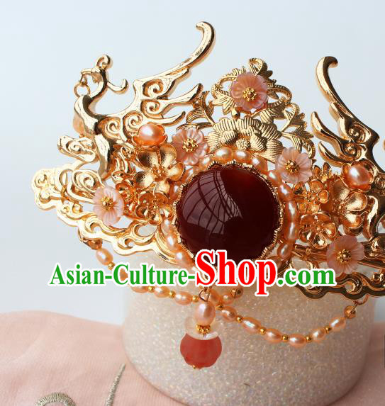 China Ancient Royal Empress Hairpin Headdress Traditional Ming Dynasty Princess Agate Pearls Hair Crown
