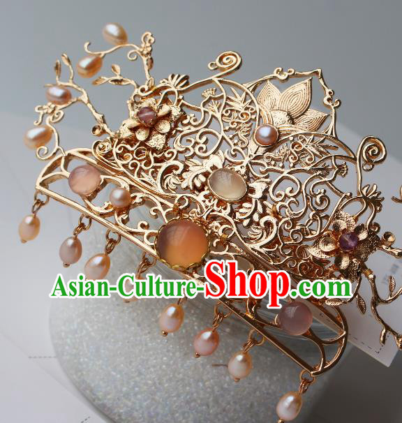 China Ancient Court Empress Pearls Headwear Traditional Tang Dynasty Queen Golden Lotus Hair Crown