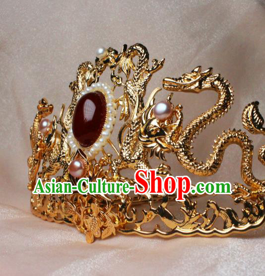 China Ancient Empress Pearls Headdress Hairpin Traditional Ming Dynasty Queen Golden Dragon Hair Crown