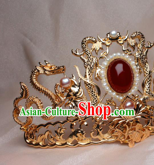 China Ancient Empress Pearls Headdress Hairpin Traditional Ming Dynasty Queen Golden Dragon Hair Crown