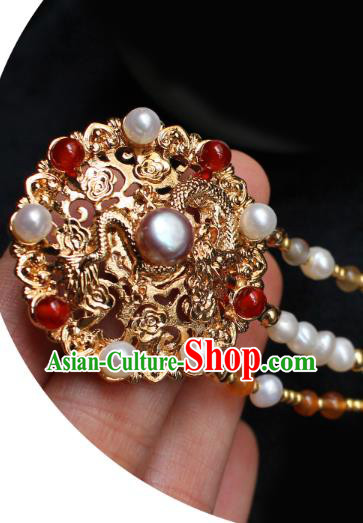 China Ancient Empress Pearls Tassel Hairpin Traditional Ming Dynasty Queen Golden Dragon Hair Stick
