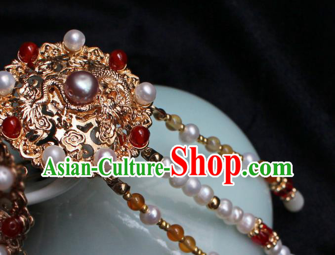 China Ancient Empress Pearls Tassel Hairpin Traditional Ming Dynasty Queen Golden Dragon Hair Stick