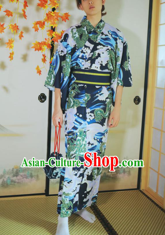 Asian Japan Traditional Printing Waves Navy Yukata Robe Japanese Male Clothing