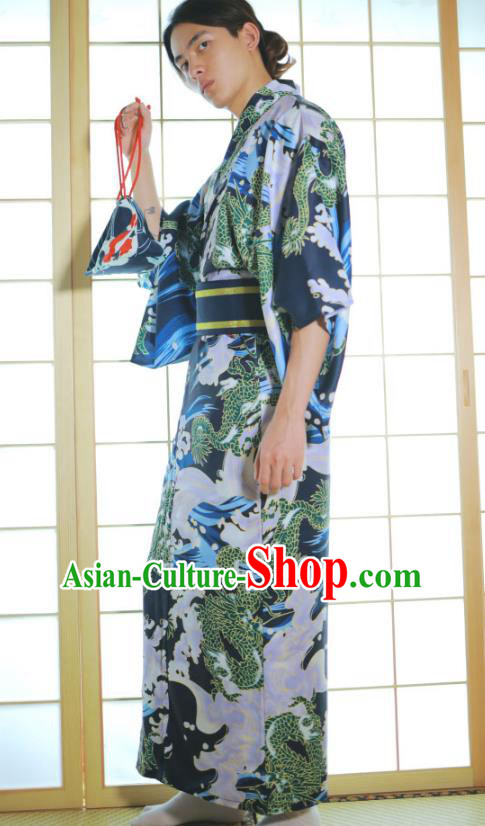 Asian Japan Traditional Printing Waves Navy Yukata Robe Japanese Male Clothing