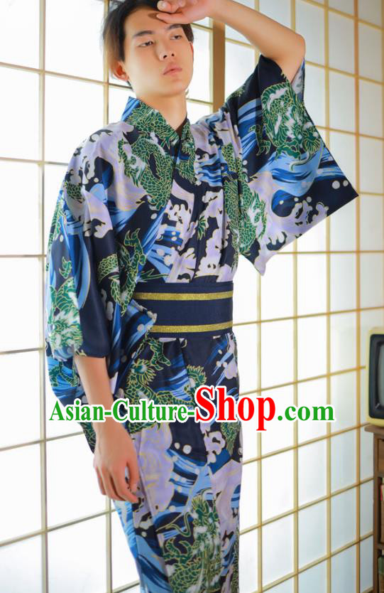 Asian Japan Traditional Printing Waves Navy Yukata Robe Japanese Male Clothing