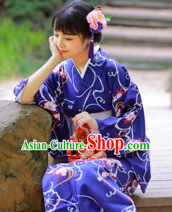 Asian Japan Printing Sakura Deep Blue Edo Komon Kimono Costume Japanese Traditional Young Lady Yukata Dress