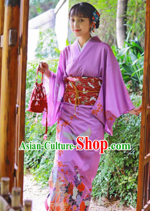 Japanese Traditional Young Lady Printing Crane Yukata Dress Asian Japan Lilac Edo Komon Kimono Costume