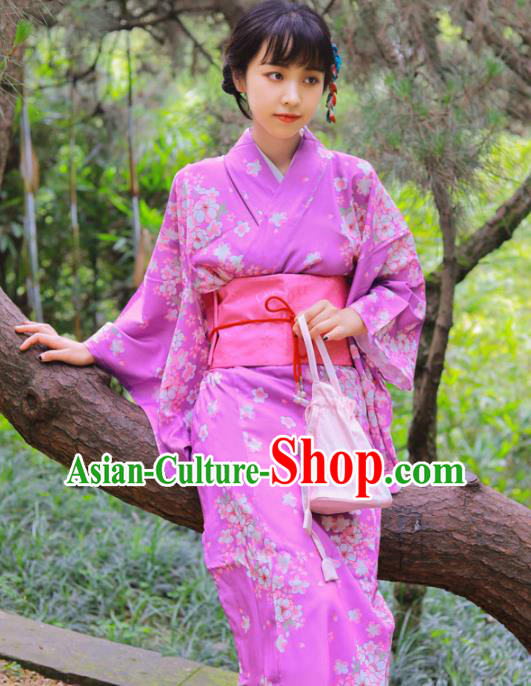 Japanese Traditional Printing Sakura Lilac Yukata Dress Asian Japan Summer Festival Kimono Costume