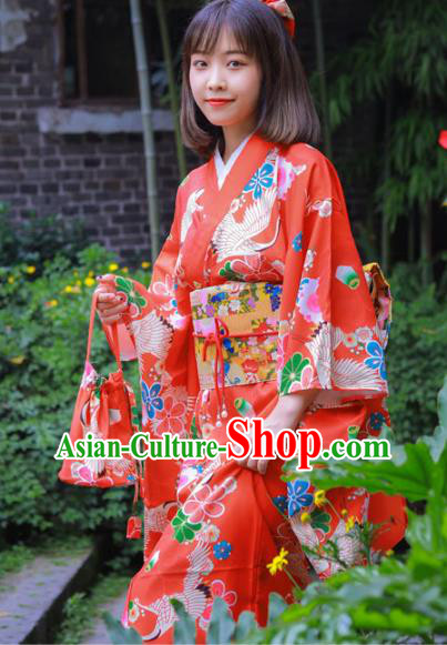 Japanese Traditional Wedding Printing Sakura Red Yukata Dress Asian Japan Bride Furisode Kimono Costume