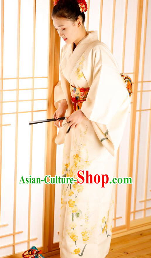 Japanese Traditional Printing Sakura Beige Yukata Dress Asian Japan Edo Komon Kimono Costume
