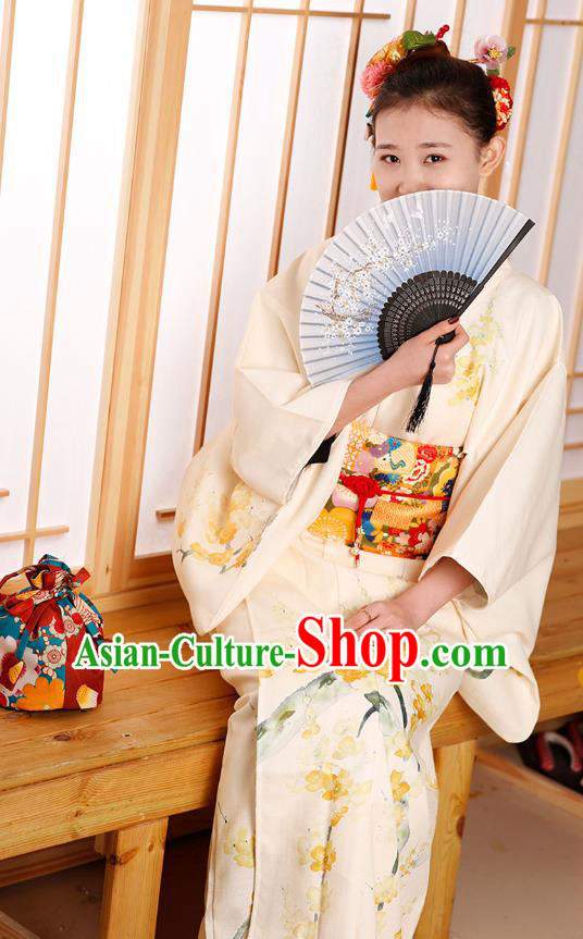 Japanese Traditional Printing Sakura Beige Yukata Dress Asian Japan Edo Komon Kimono Costume