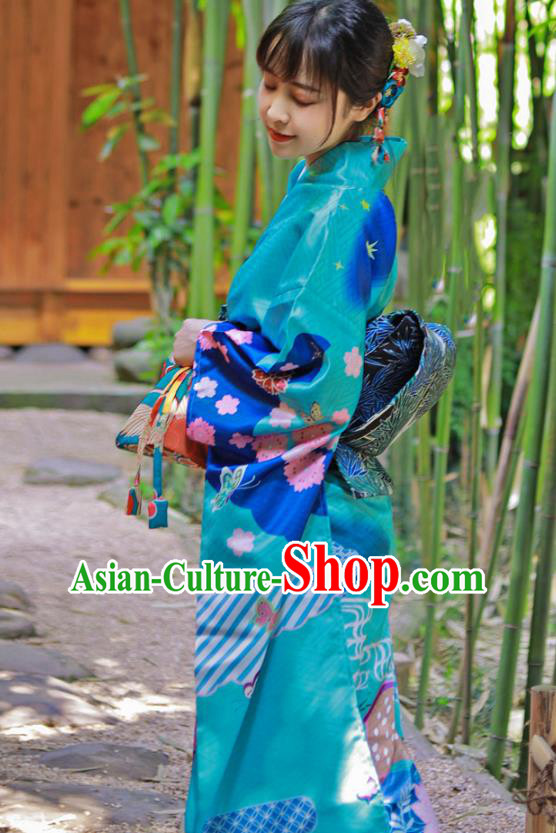 Asian Japan Wedding Bride Furisode Kimono Costume Japanese Traditional Summer Festival Blue Yukata Dress
