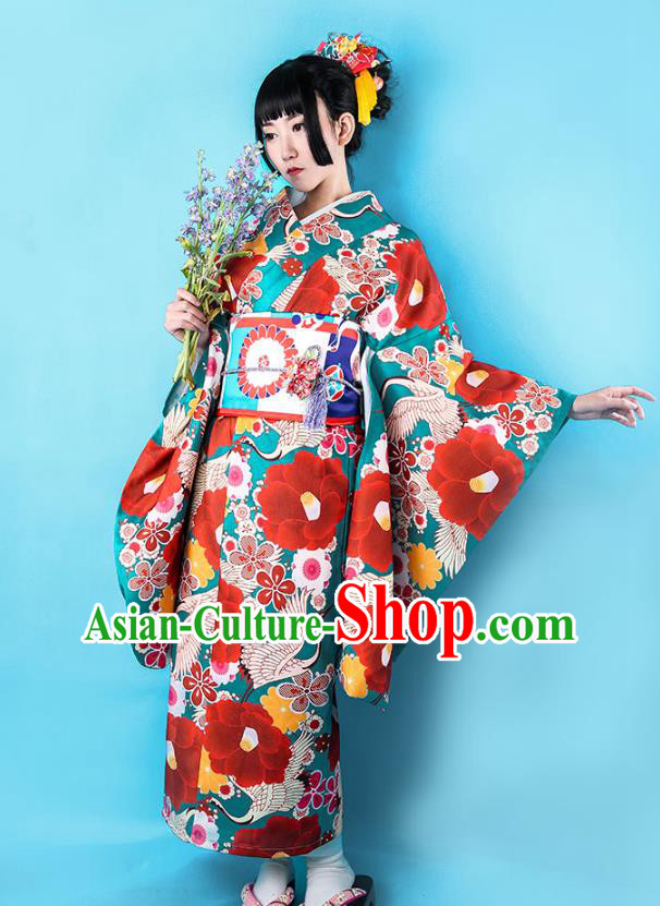 Japanese Traditional Wedding Bride Green Satin Yukata Dress Asian Japan Printing Camellia Furisode Kimono Costume