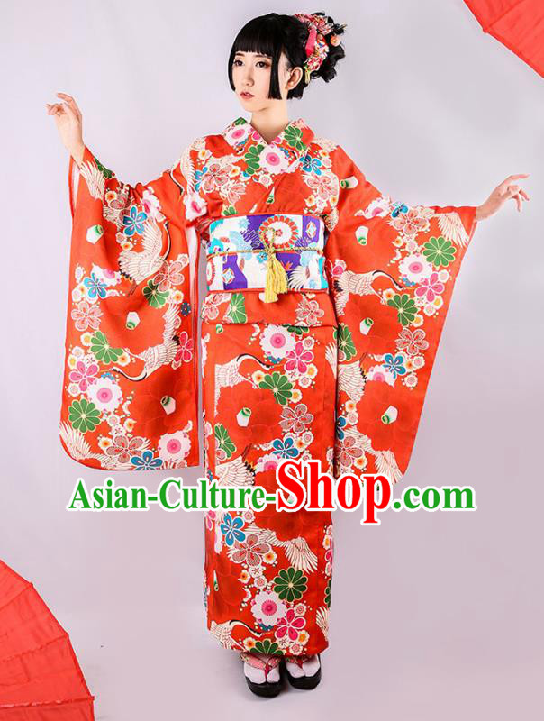 Japanese Traditional Printing Camellia Yukata Dress Asian Japan Wedding Bride Red Furisode Kimono Costume