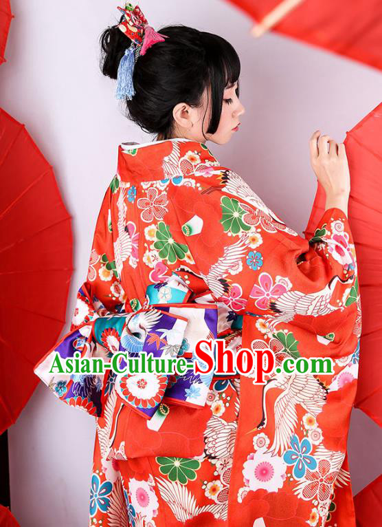 Japanese Traditional Printing Camellia Yukata Dress Asian Japan Wedding Bride Red Furisode Kimono Costume