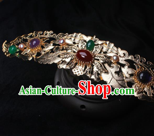 China Ancient Empress Golden Hairpin Headwear Traditional Ming Dynasty Queen Agate Gems Hair Crown